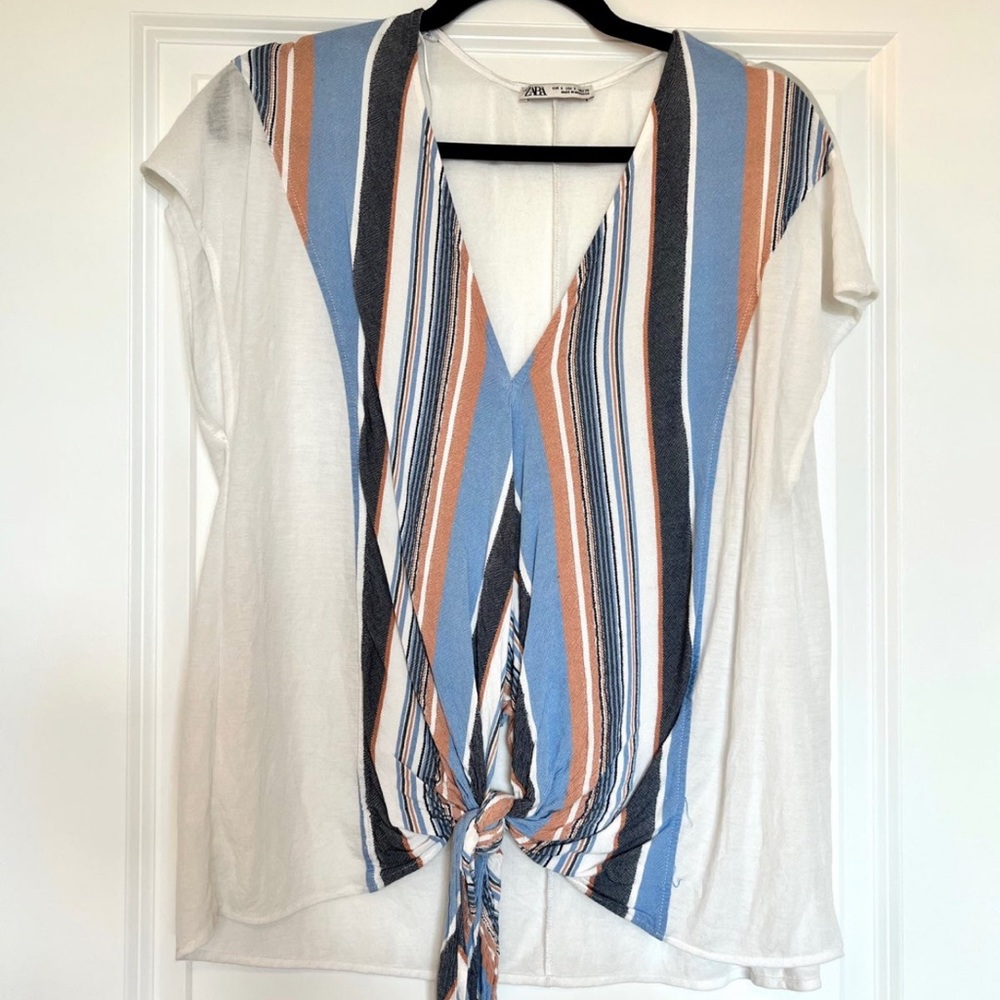 Zara White Short Sleeve Front Tie Top with Stripes